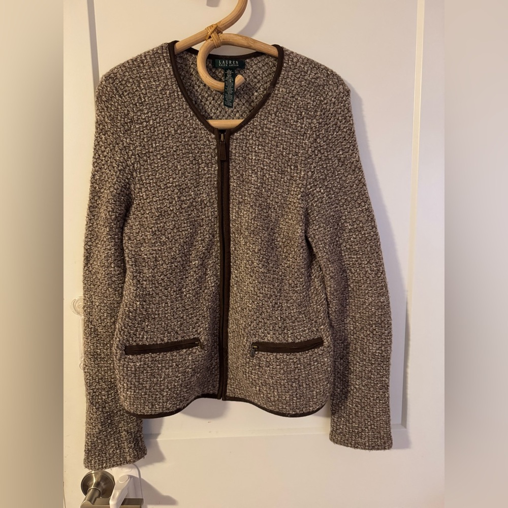 Ralph Lauren Brown Tweed Zip Up Sweater Suede Trim ZipPockets
